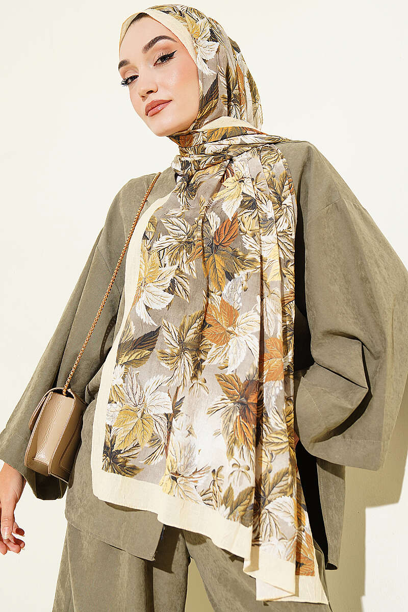 Colorful Leaf Pattern French Terry Shawl Yellow - Image 2