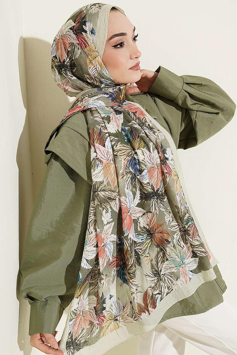 Colorful Leaf Pattern French Terry Shawl Aqua Green
