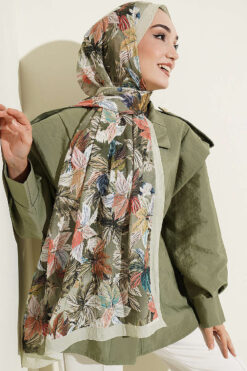 Alternative view of Colorful Leaf Pattern French Terry Shawl Aqua Green