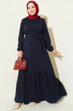 Ruffled Self-Patterned Dress Navy Blue
