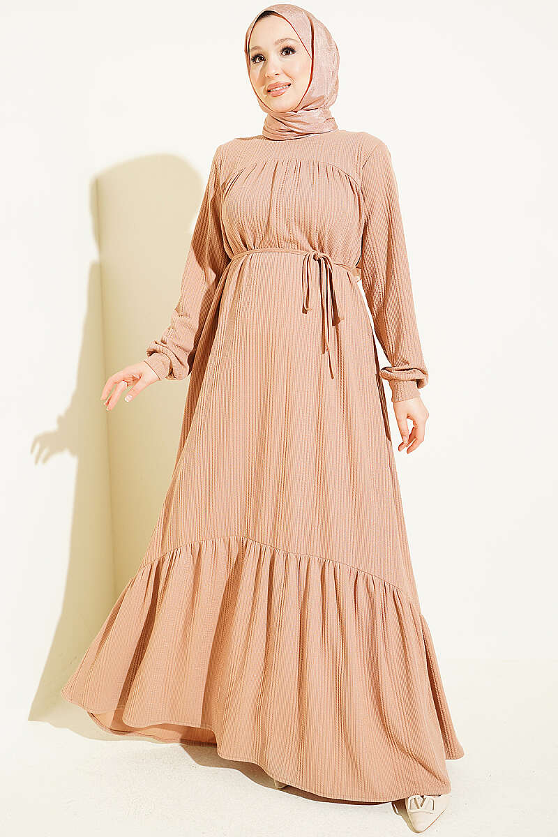 Ruffled Self-Patterned Dress Latte