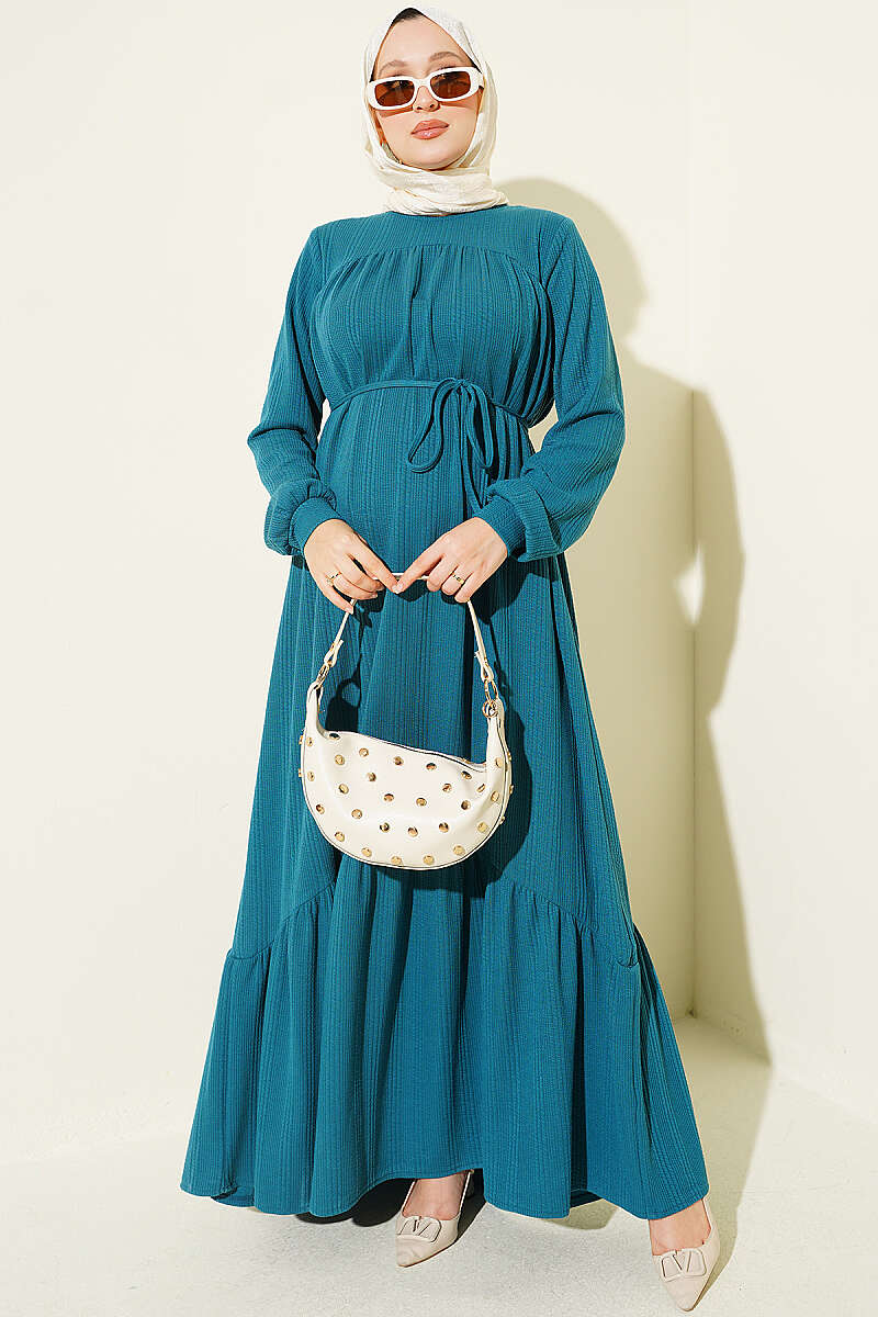 Ruffled Self-Patterned Dress Petrol