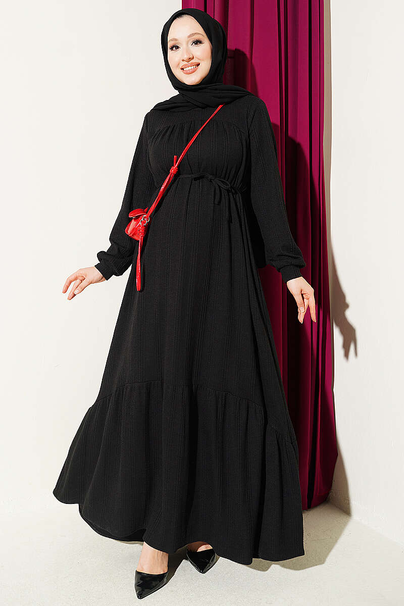Ruffled Self-Patterned Dress Black