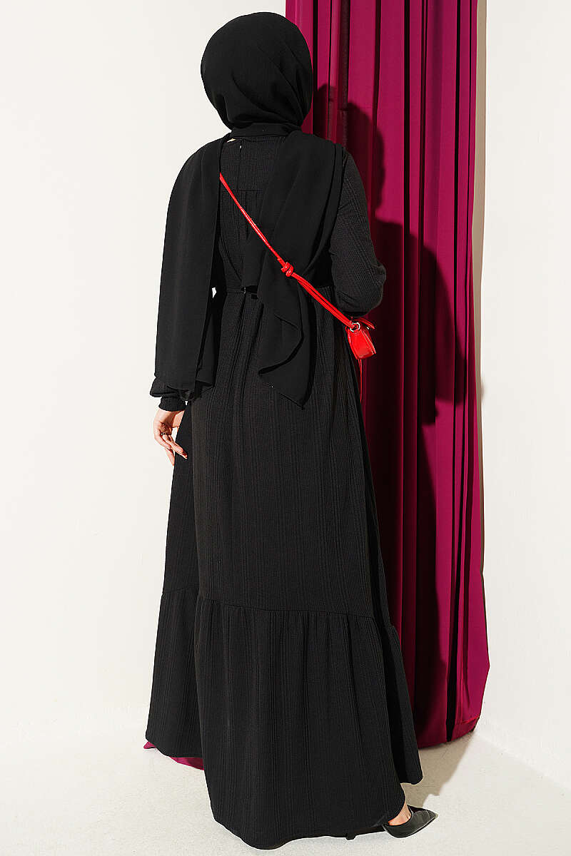 Ruffled Self-Patterned Dress Black - immagine 3