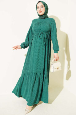 Ruffled Self-Patterned Dress Green