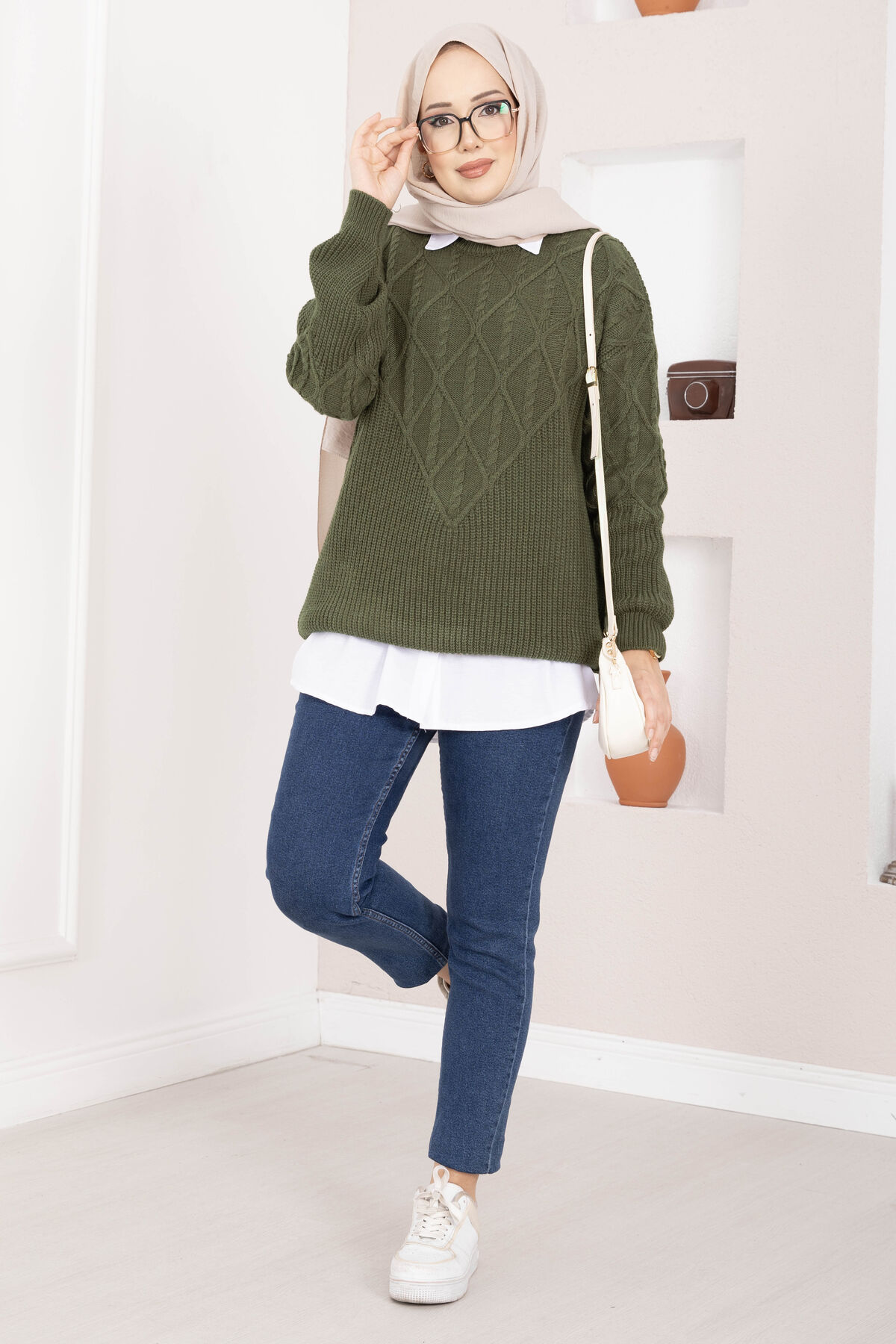 Braided Knit Sweater Khaki