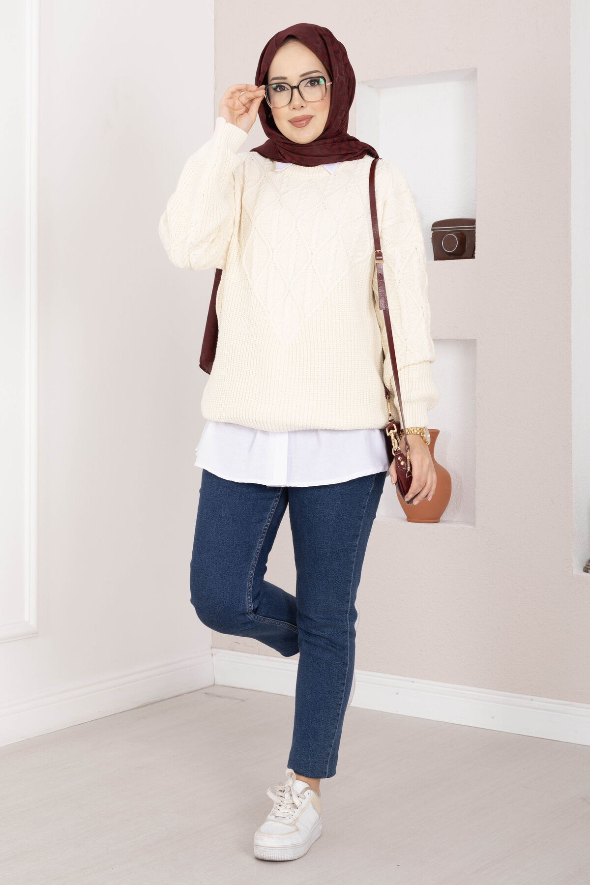 Braided Knit Sweater Cream