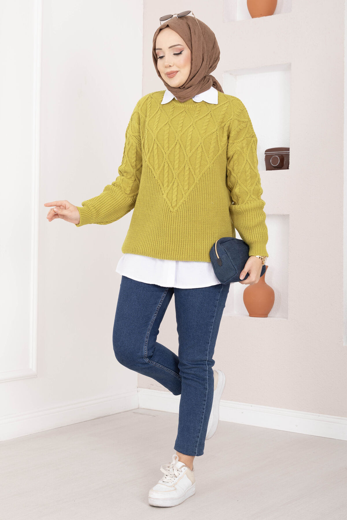 Braided Knit Sweater Green
