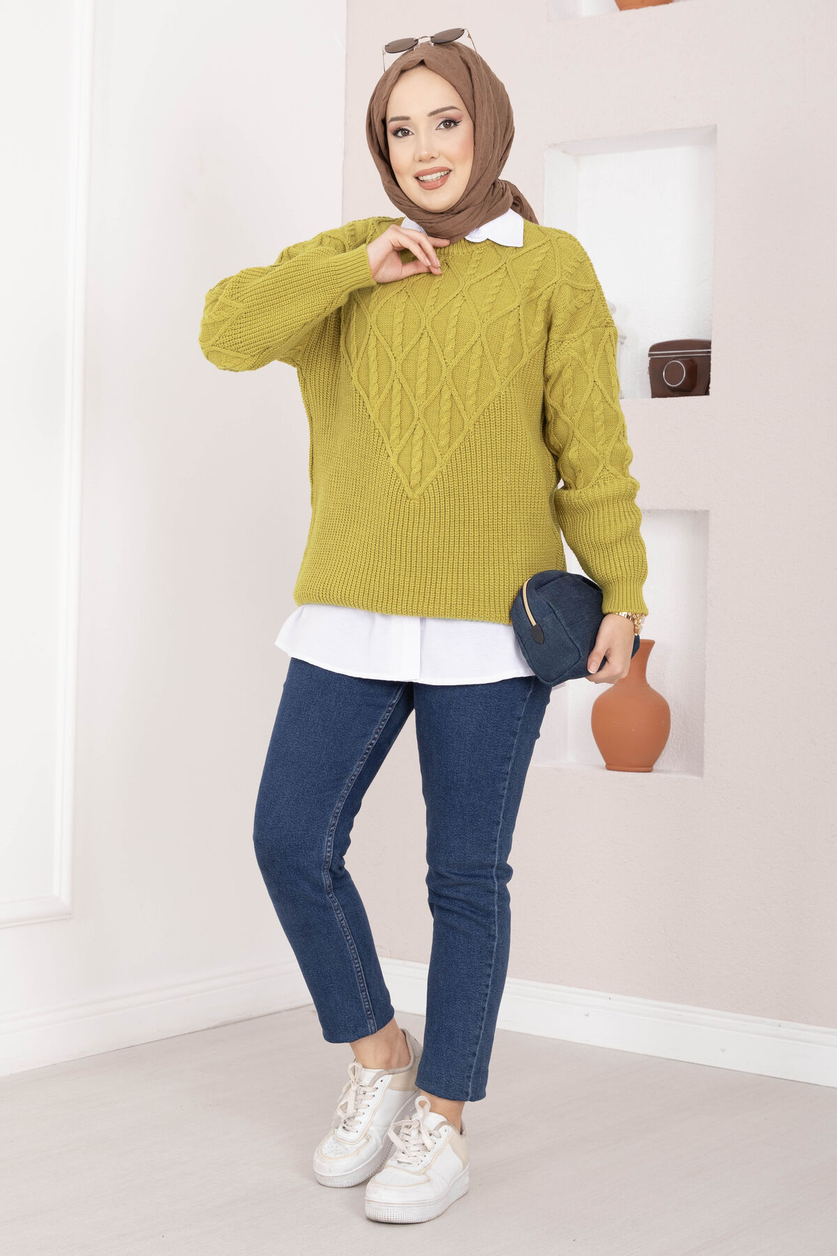 Braided Knit Sweater Green - الصورة 3