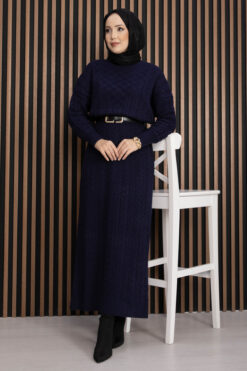 Cable Knit Textured Knit Dress Navy Blue