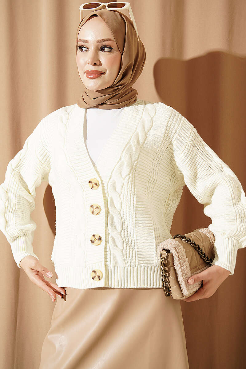 Knitted Short Cardigan with Button Details Ecru