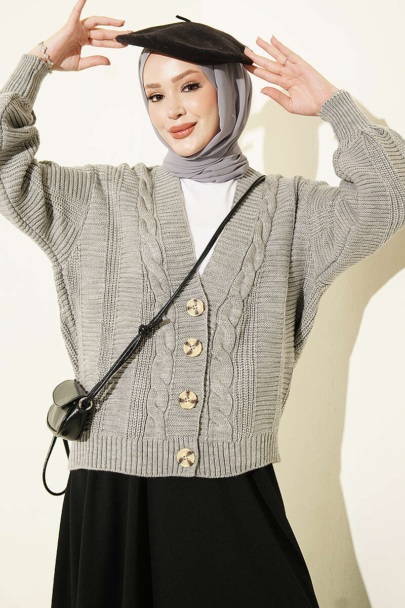 Knitted Short Cardigan with Button Details Grey