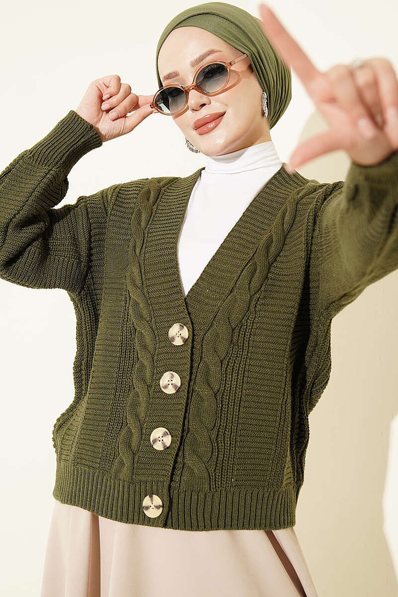 Knitted Short Cardigan with Button Details Khaki