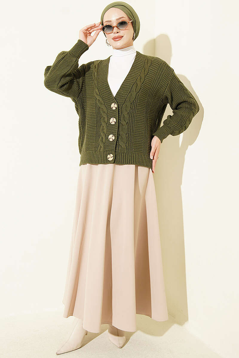 Knitted Short Cardigan with Button Details Khaki - الصورة 2