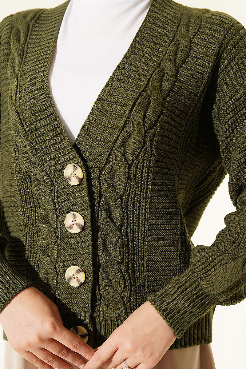 Knitted Short Cardigan with Button Details Khaki - الصورة 4