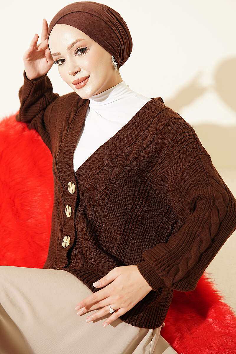 Knitted Short Cardigan with Button Details Brown