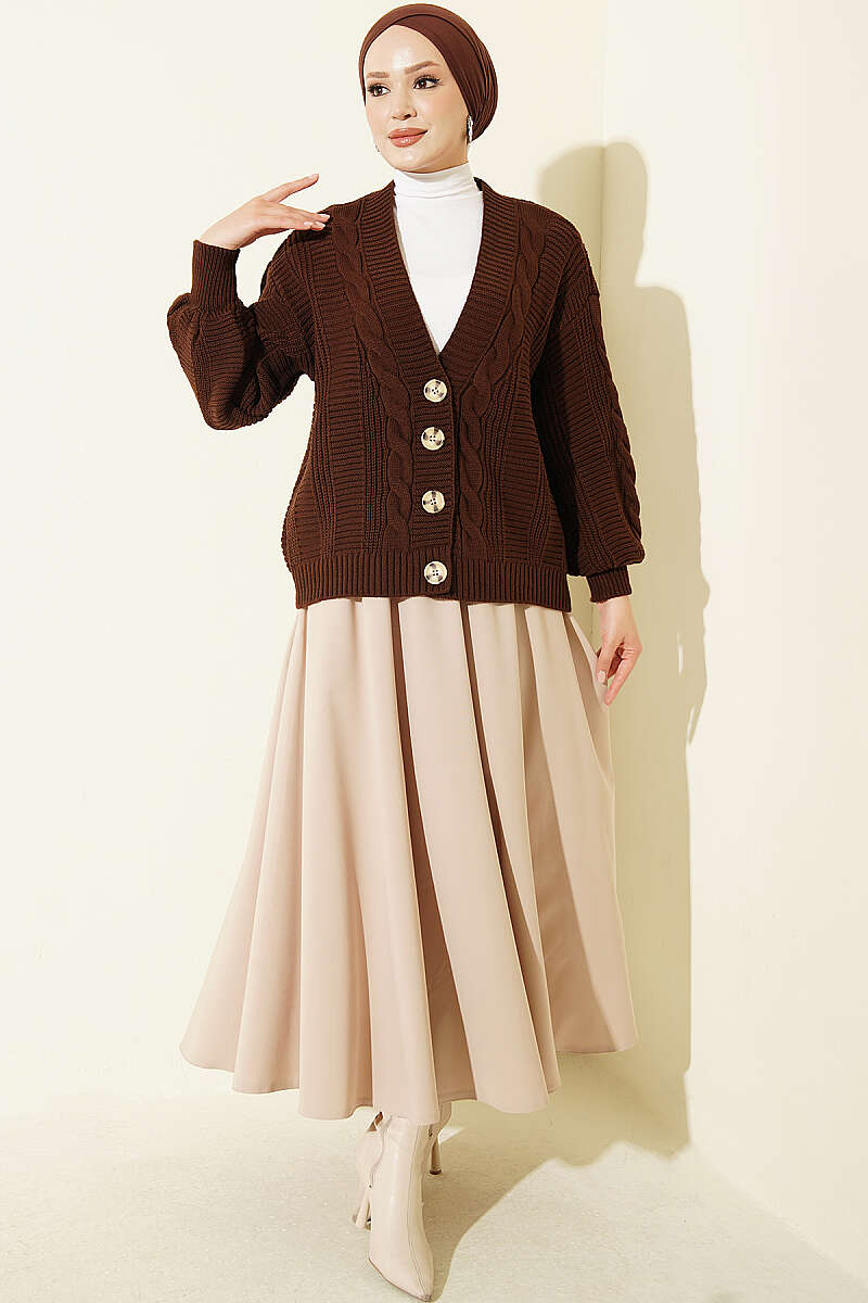 Knitted Short Cardigan with Button Details Brown - الصورة 2