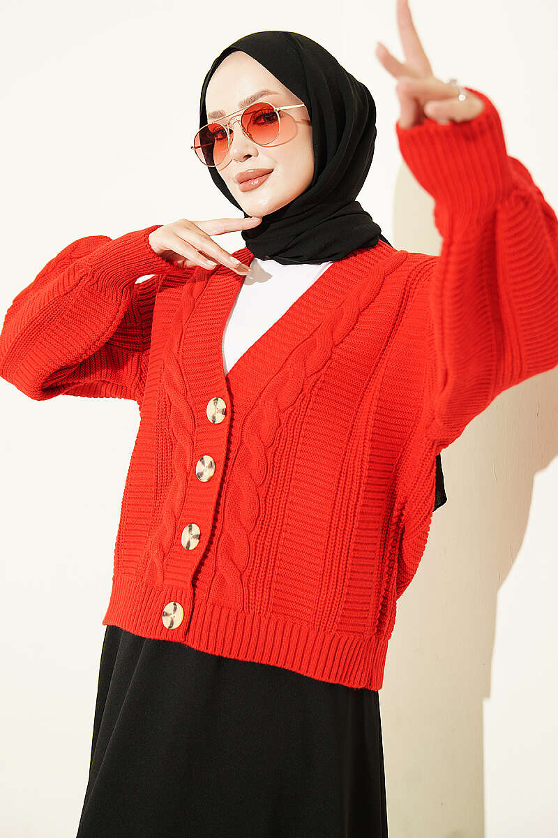 Knitted Short Cardigan with Button Details Red