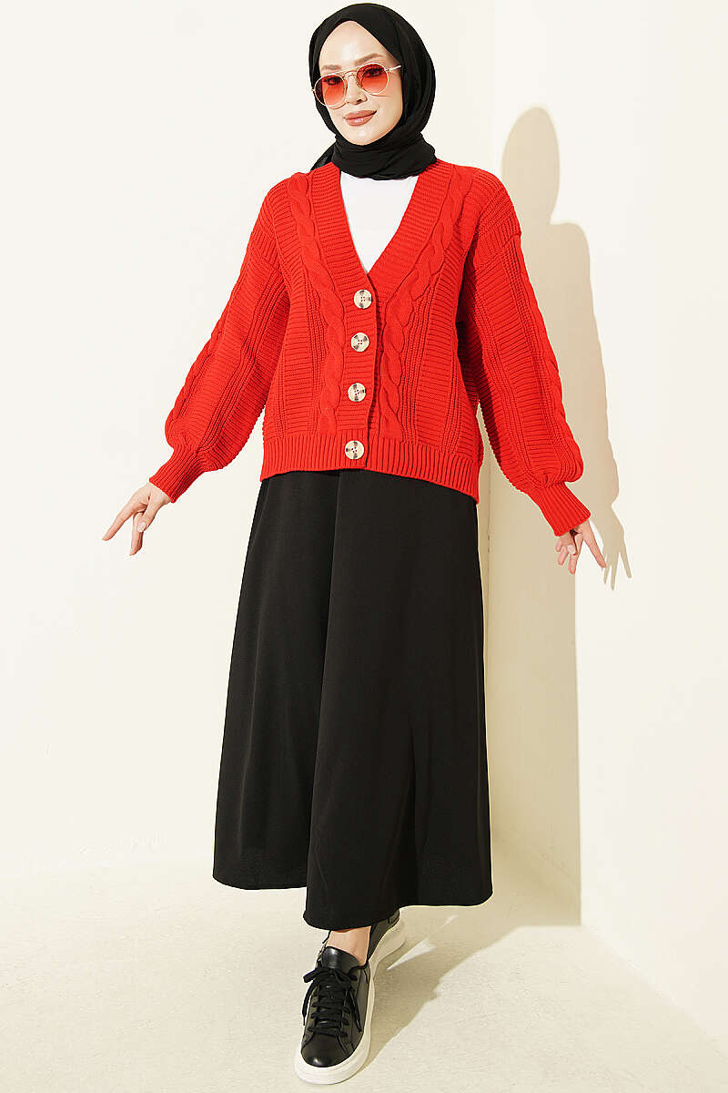 Knitted Short Cardigan with Button Details Red - الصورة 2