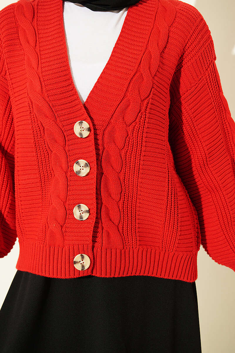 Knitted Short Cardigan with Button Details Red - الصورة 4