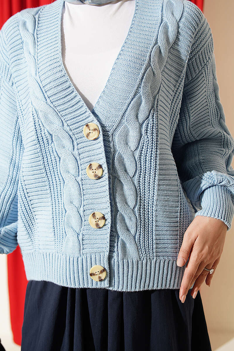 Knitted Short Cardigan with Button Details Blue - الصورة 4
