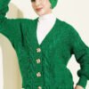 Knitted Short Cardigan with Button Details Emerald