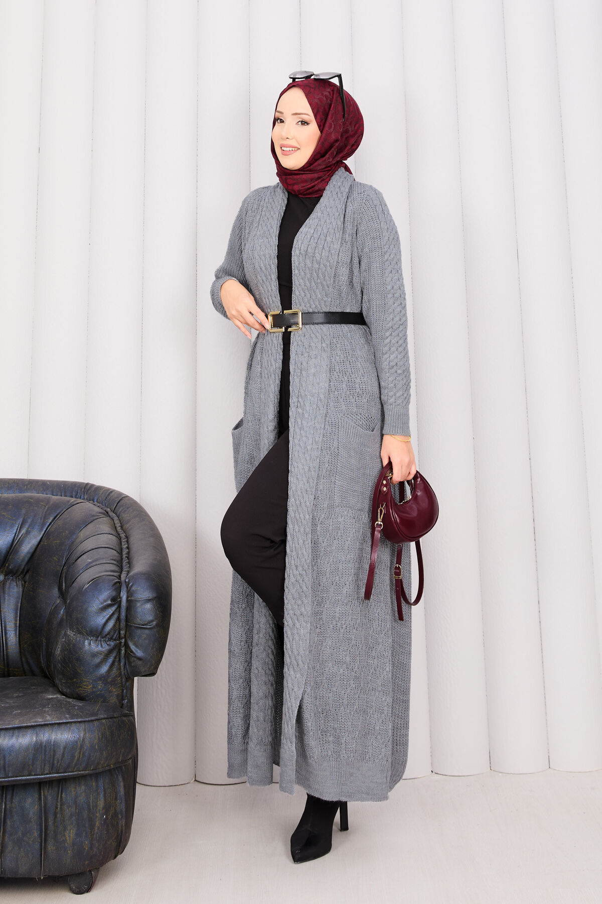 Braided Knit Cardigan with Shawl Collar for Modest Wear Petrol - Imagen 9