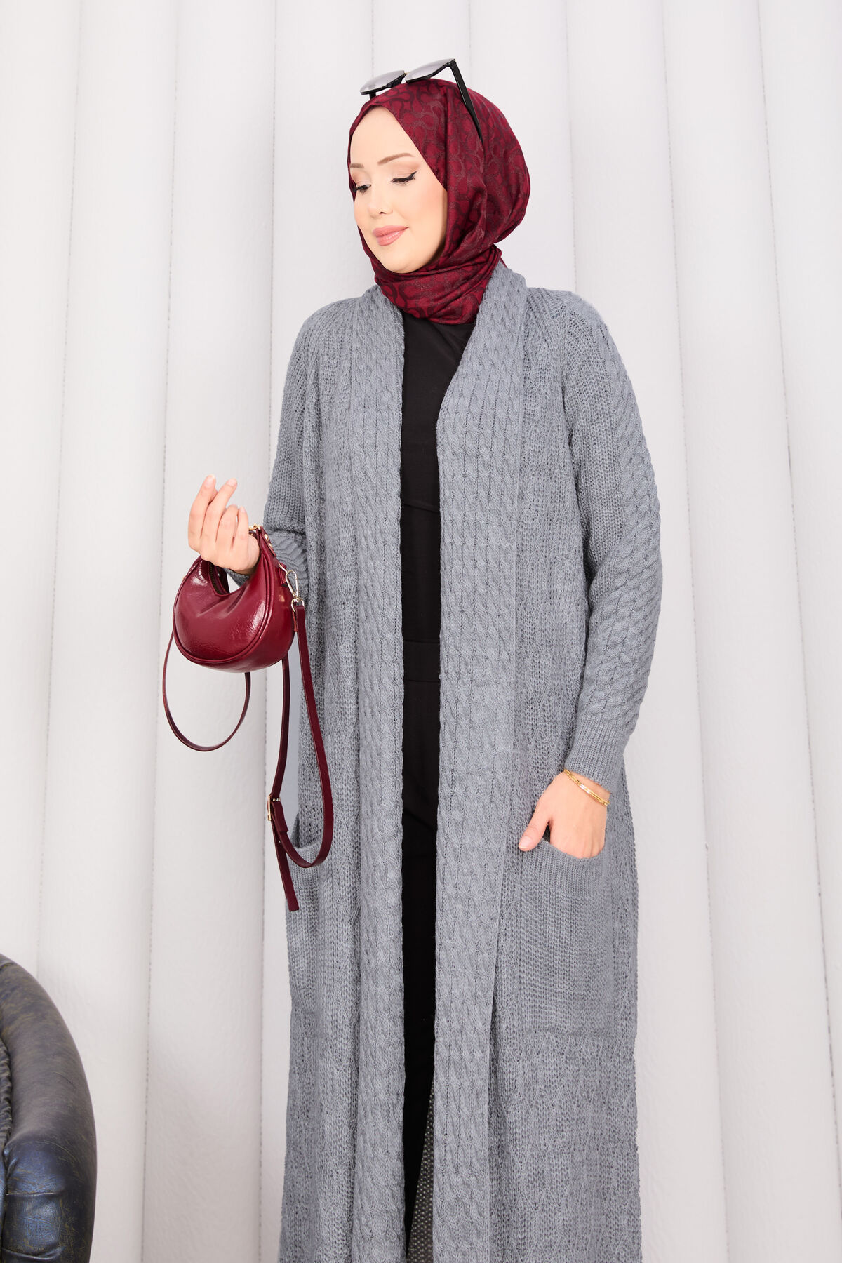 Braided Knit Cardigan with Shawl Collar for Modest Wear Petrol - Imagen 10
