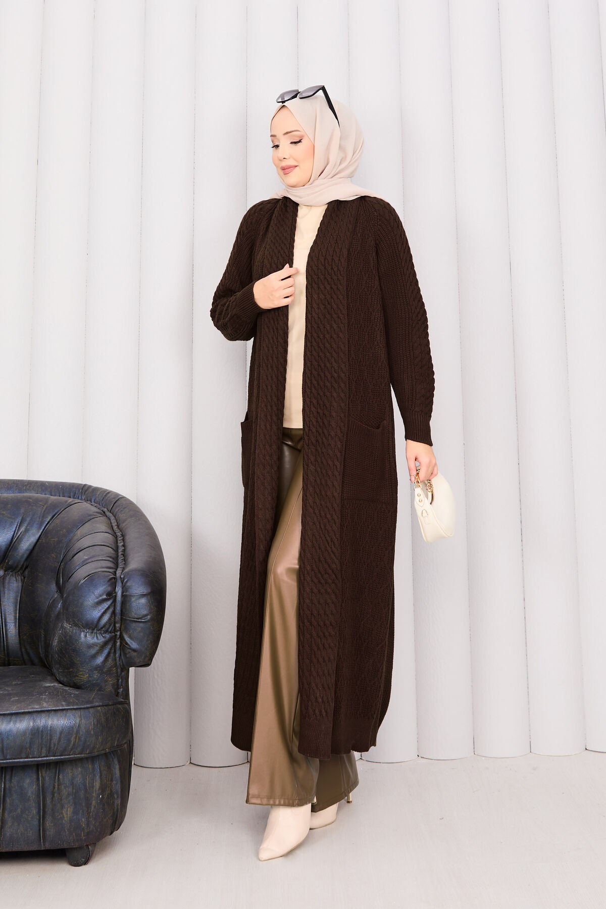 Braided Knit Cardigan with Shawl Collar for Modest Wear Brown