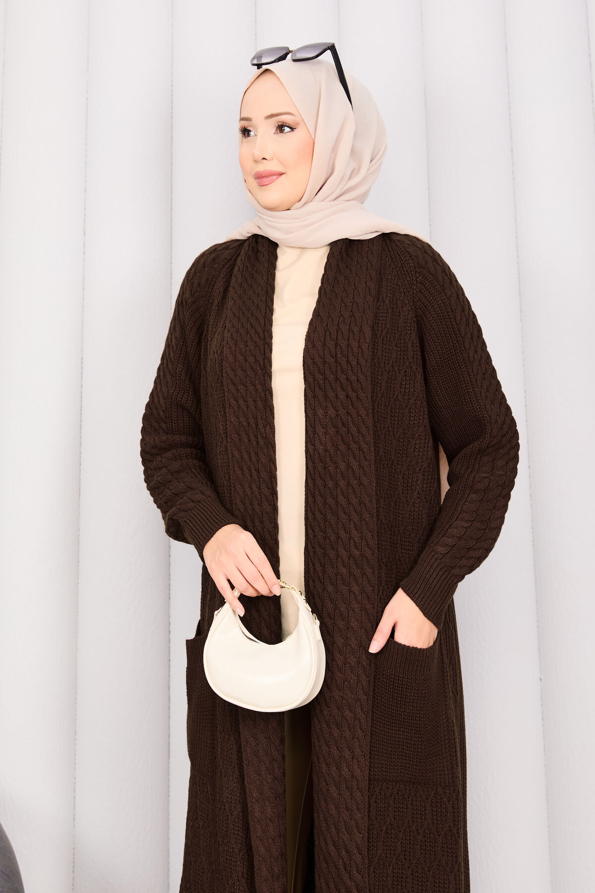 Braided Knit Cardigan with Shawl Collar for Modest Wear Brown - الصورة 6