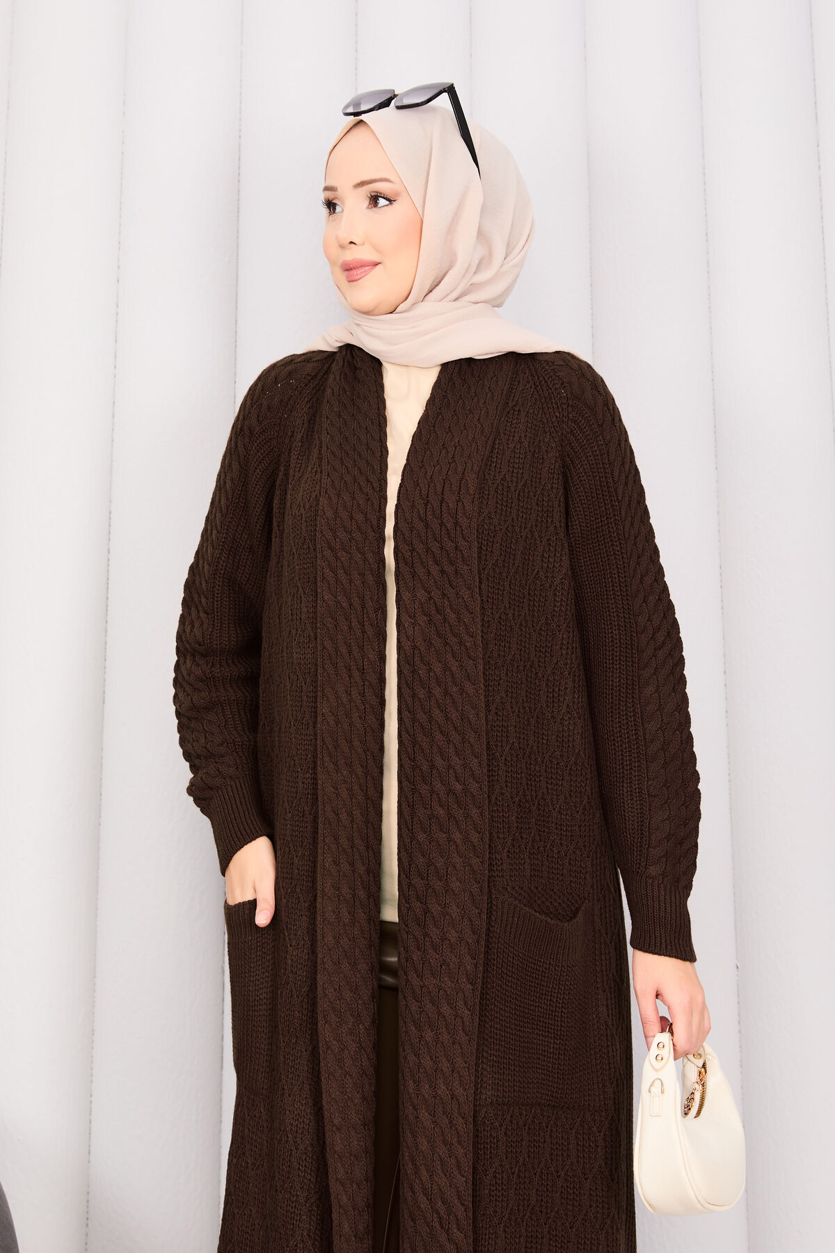 Braided Knit Cardigan with Shawl Collar for Modest Wear Brown - الصورة 2