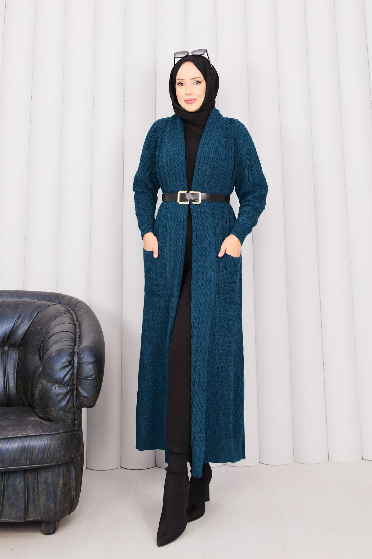 Braided Knit Cardigan with Shawl Collar for Modest Wear Petrol - Imagen 4