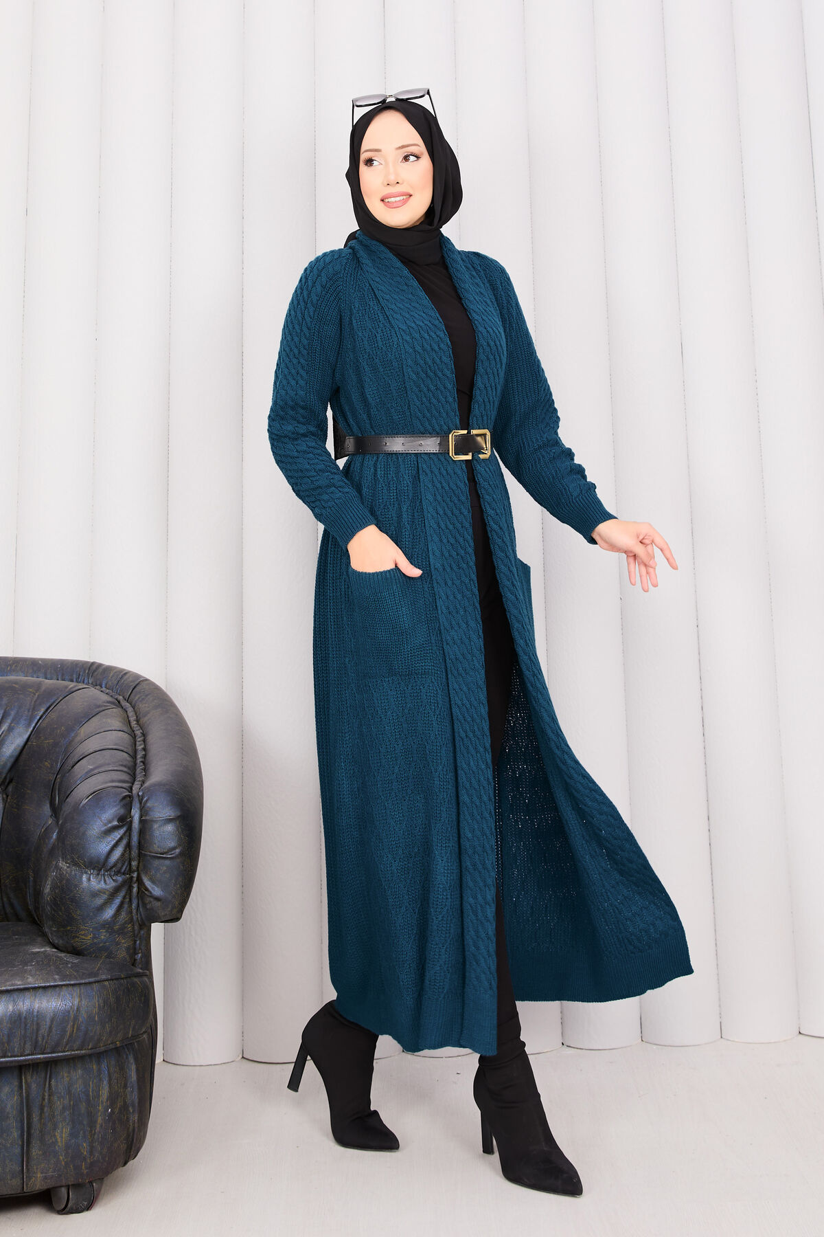 Braided Knit Cardigan with Shawl Collar for Modest Wear Petrol