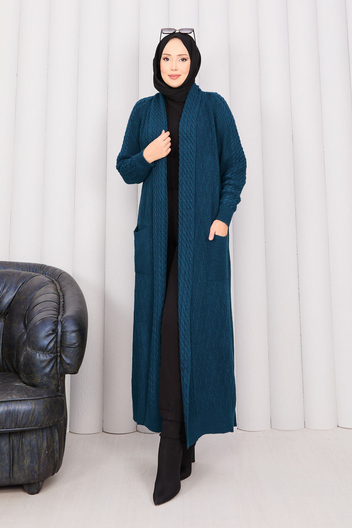 Braided Knit Cardigan with Shawl Collar for Modest Wear Petrol - Imagen 5
