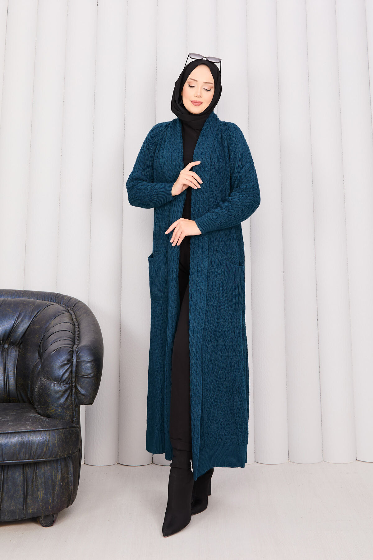 Braided Knit Cardigan with Shawl Collar for Modest Wear Petrol - Imagen 6