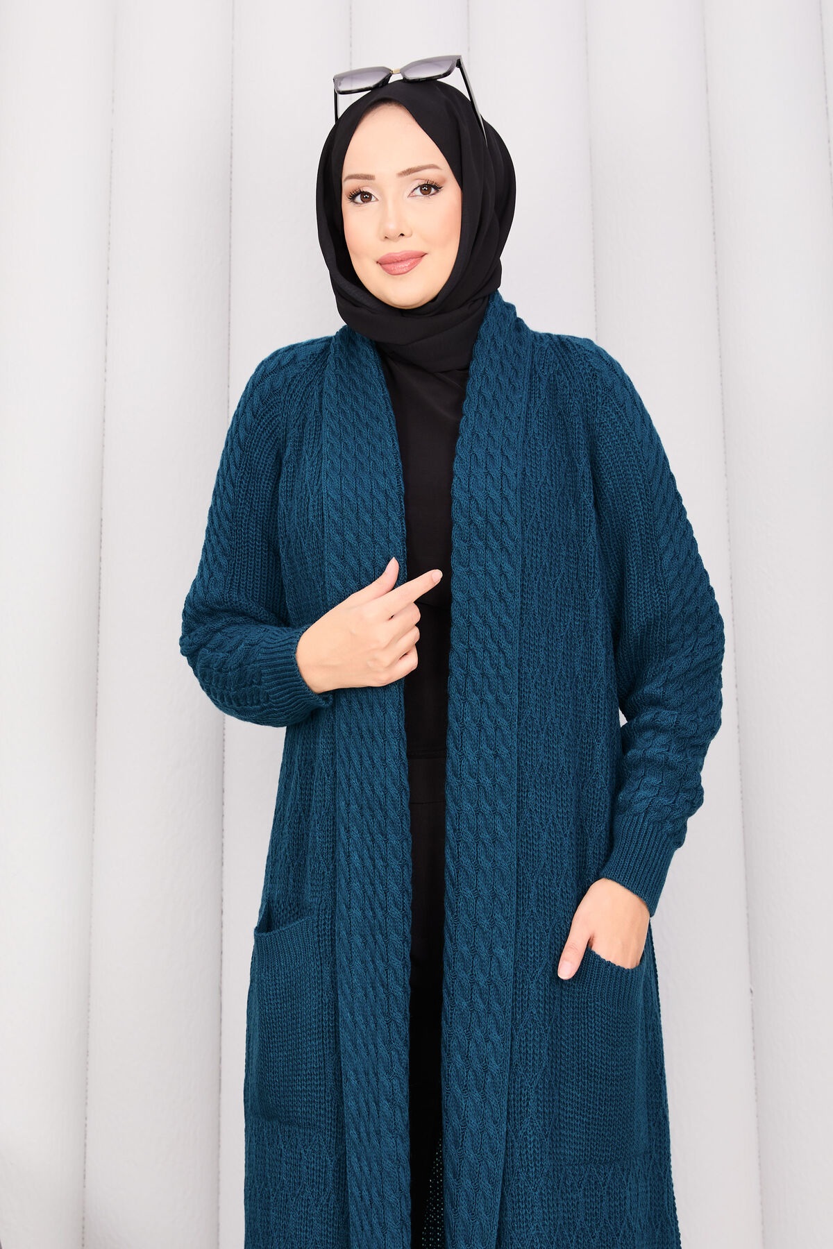 Braided Knit Cardigan with Shawl Collar for Modest Wear Petrol - Imagen 7