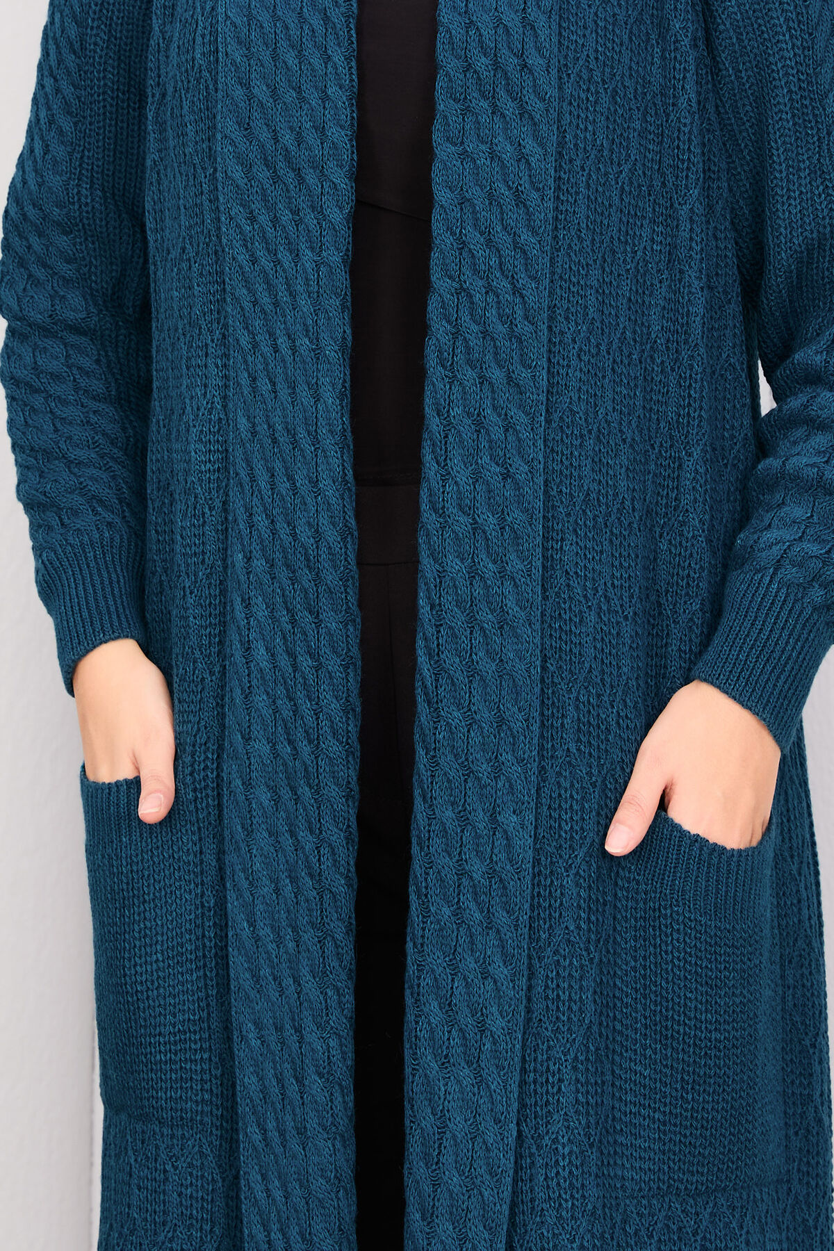 Braided Knit Cardigan with Shawl Collar for Modest Wear Petrol - Imagen 3