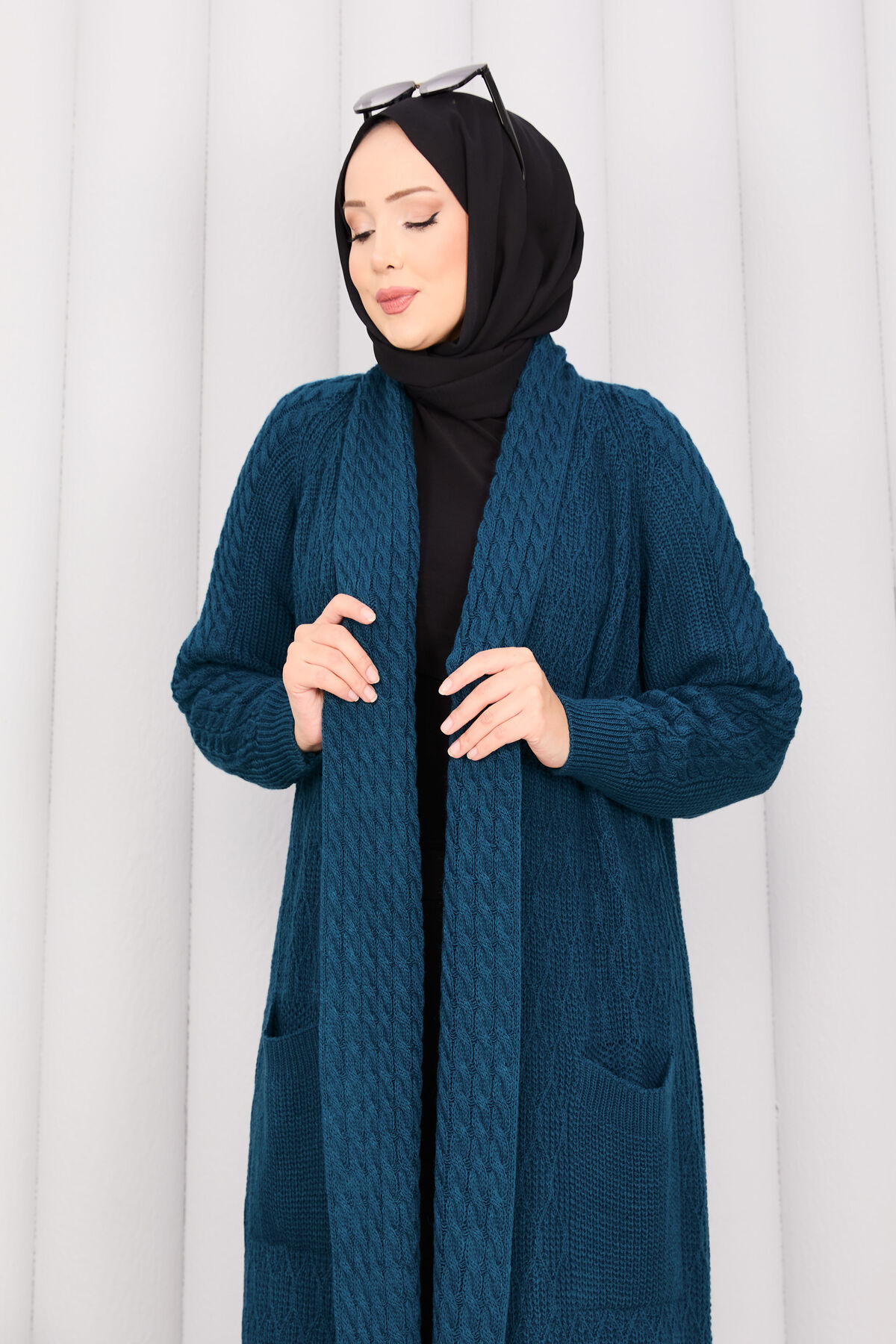 Braided Knit Cardigan with Shawl Collar for Modest Wear Petrol - Imagen 2
