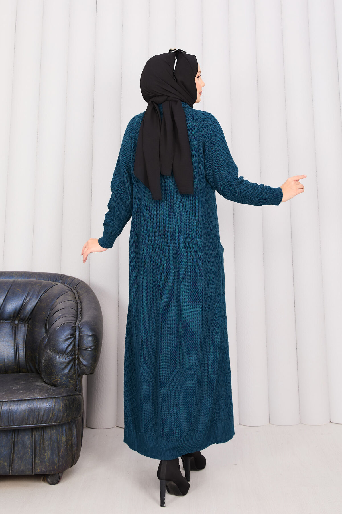 Braided Knit Cardigan with Shawl Collar for Modest Wear Petrol - Imagen 8