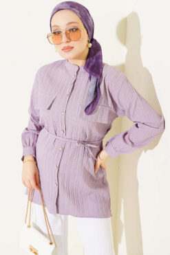Striped Button-Up Shirt with Faux Pocket Flap Lilac