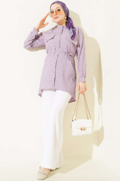 Alternative view of Striped Button-Up Shirt with Faux Pocket Flap Lilac