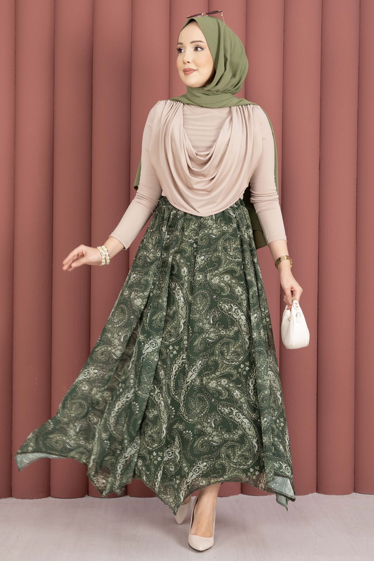 Asymmetrical Cut Chiffon Skirt with Shawl Print Khaki