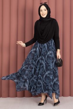 Asymmetrical Cut Chiffon Skirt with Shawl Print Navy Blue