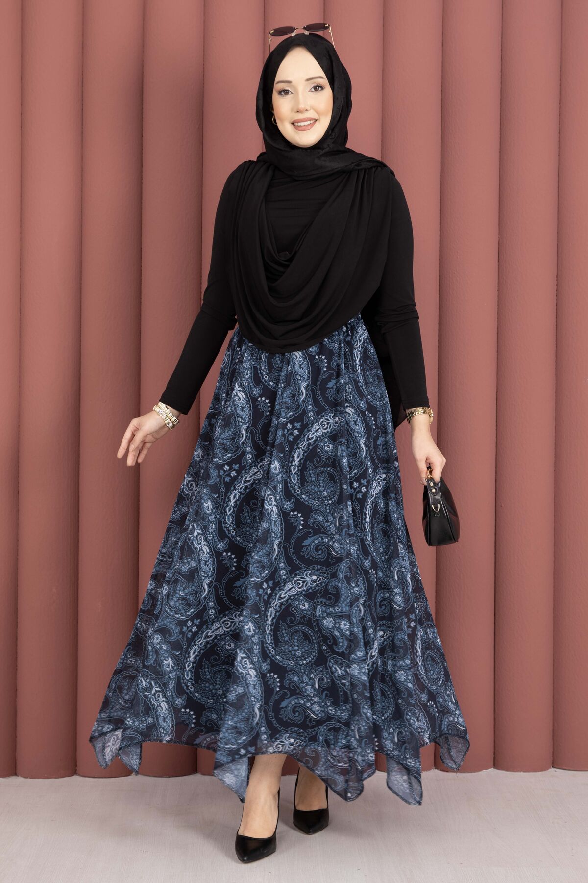 Asymmetrical Cut Chiffon Skirt with Shawl Print Navy Blue – Bild 4