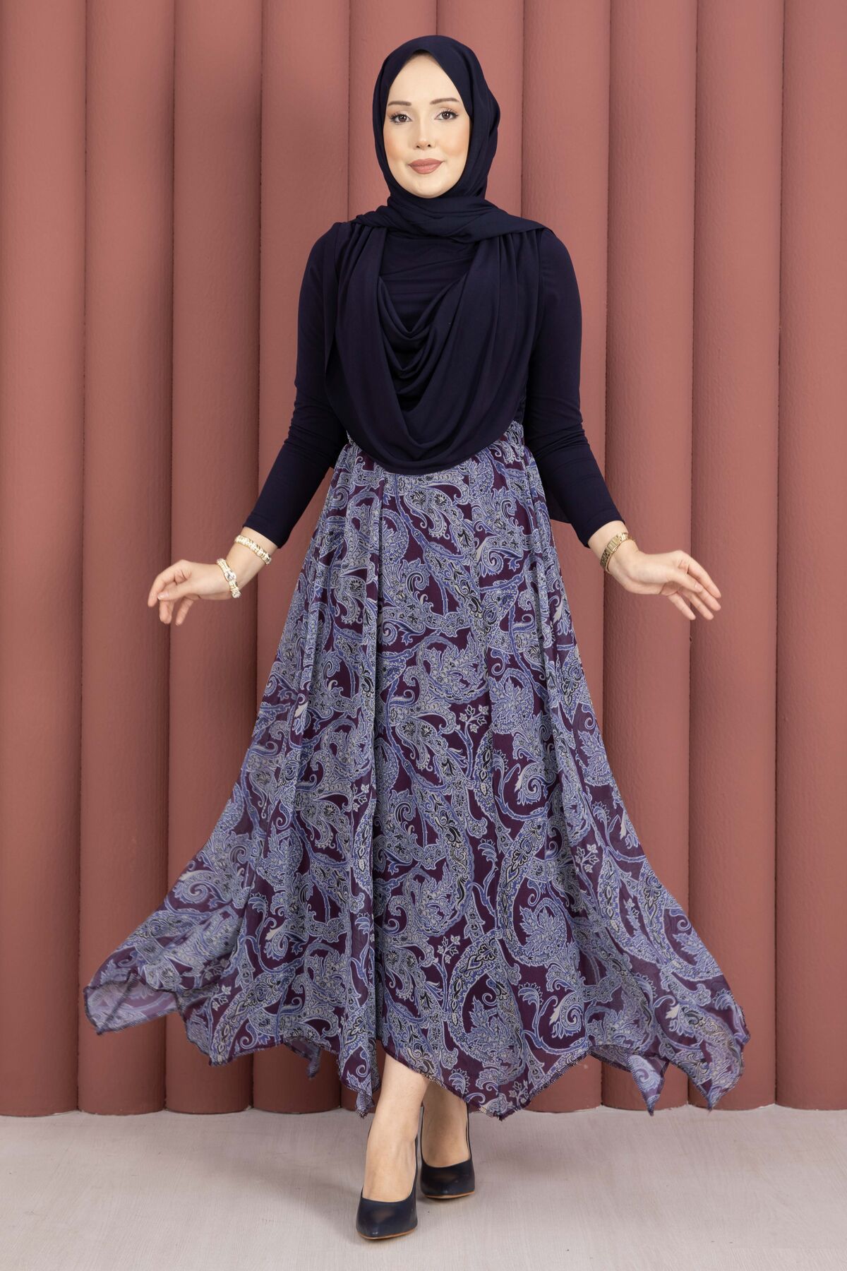 Asymmetrical Cut Chiffon Skirt with Shawl Print Plum