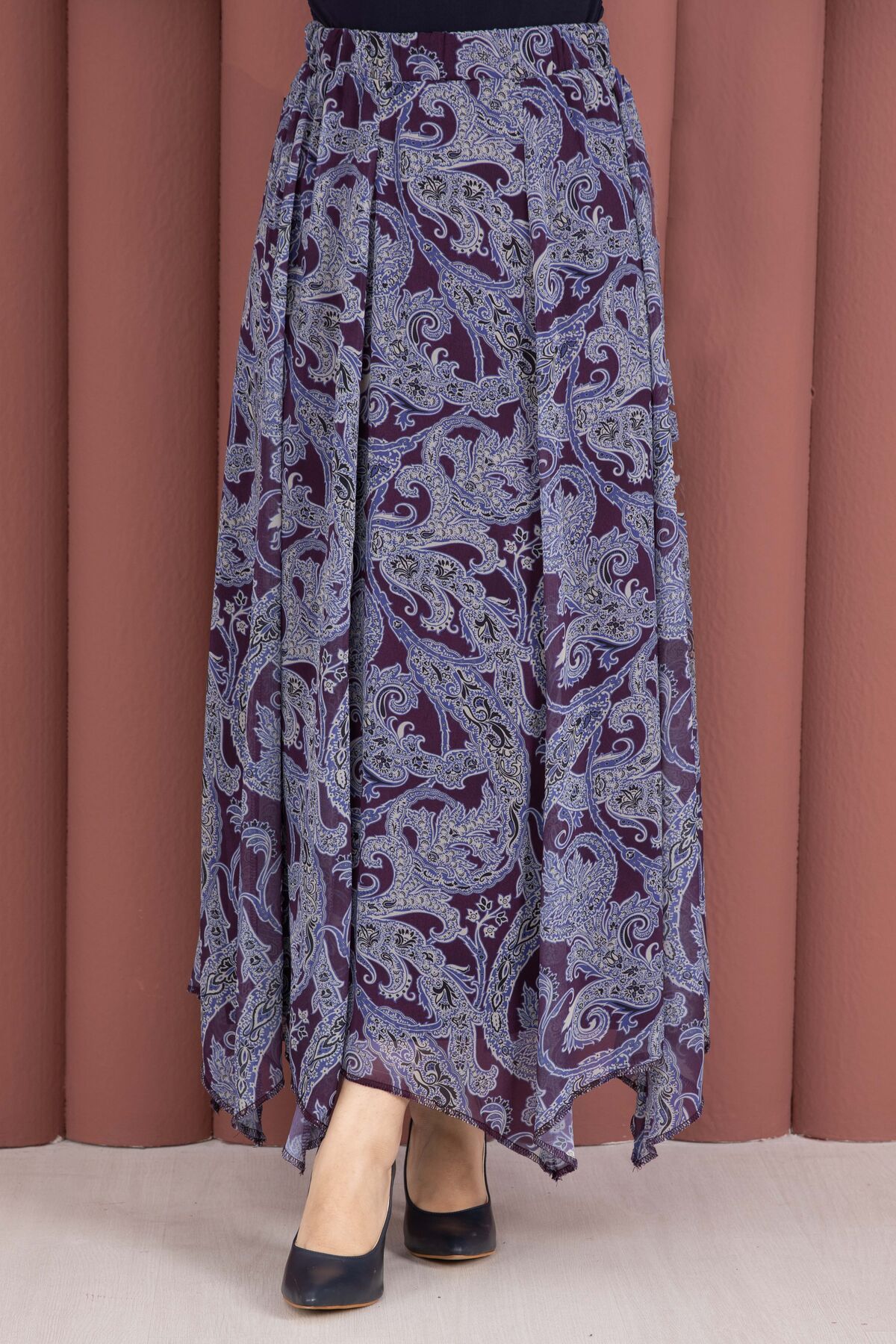 Asymmetrical Cut Chiffon Skirt with Shawl Print Plum - Imagen 2