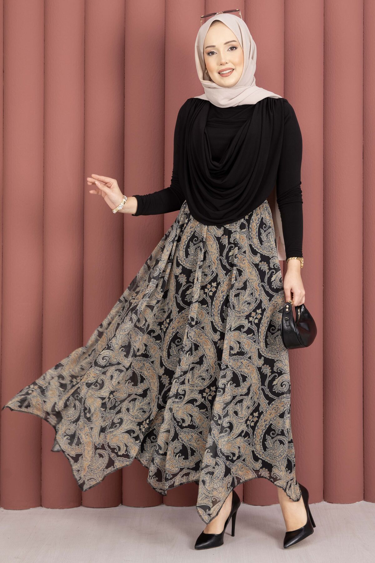 Asymmetrical Cut Chiffon Skirt with Shawl Print Black - Afbeelding 4