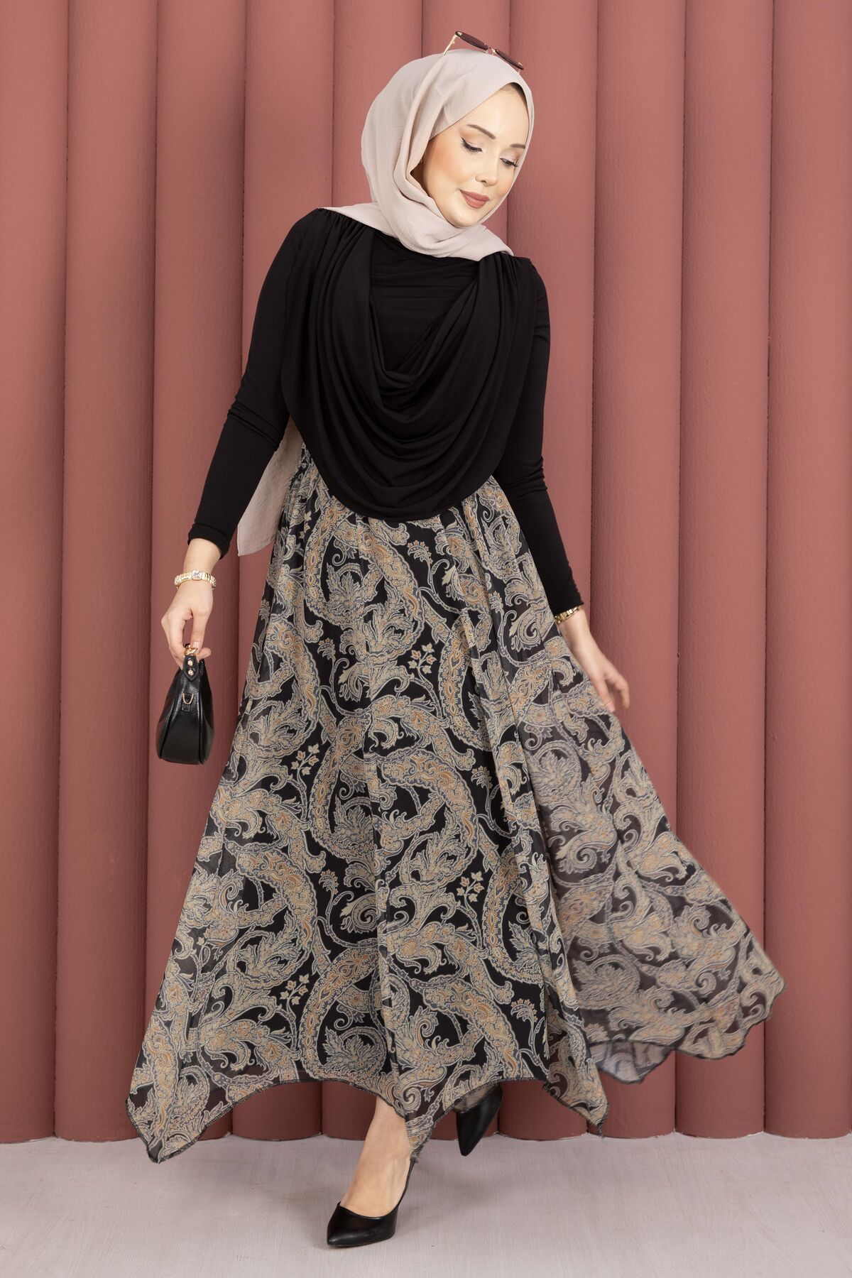 Asymmetrical Cut Chiffon Skirt with Shawl Print Black