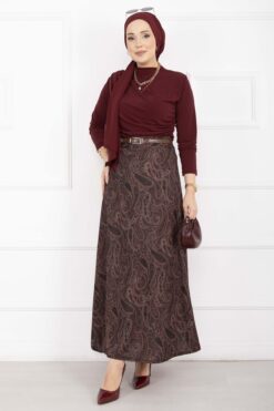 Scuba Midi Skirt with Shawl Pattern Burgundy