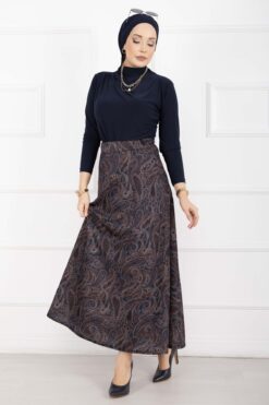 Scuba Midi Skirt with Shawl Pattern Navy Blue